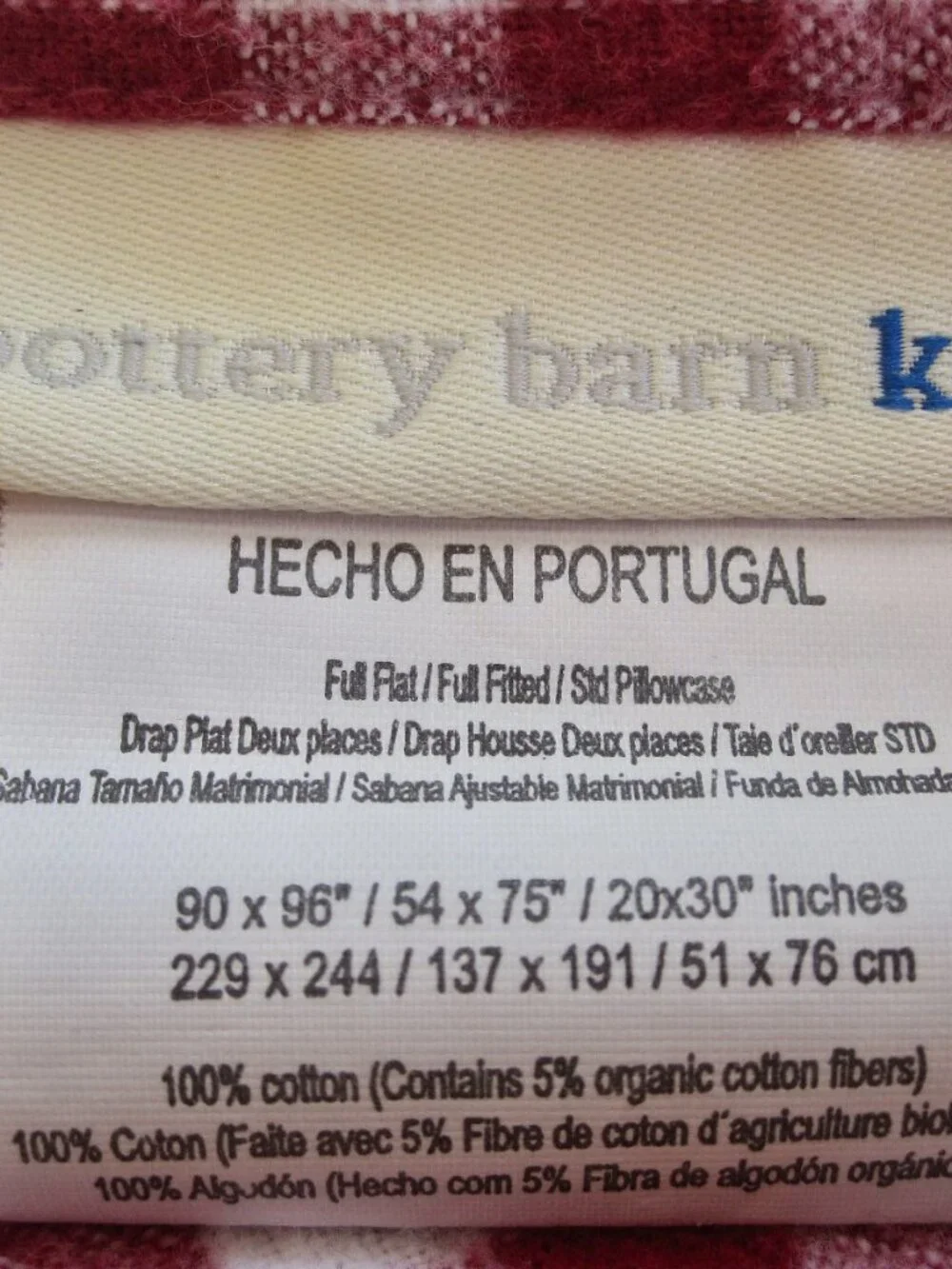 Vintage Pottery Barn Red White Gingham Check Full Sz Flat Flannel Sheet PORTUGAL